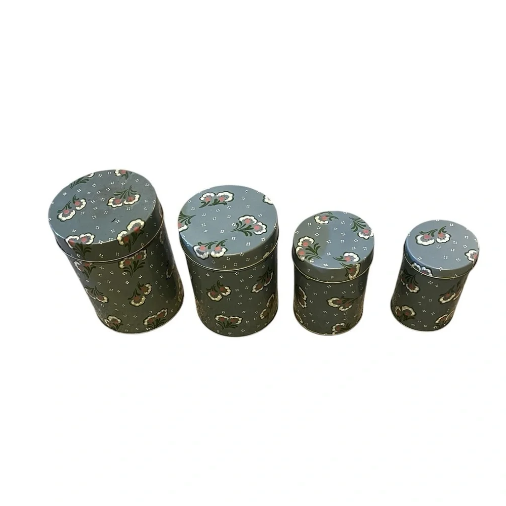 Vintage Set of 4 Floral Nesting Metal Tin Round Containers, Gray Pink & White